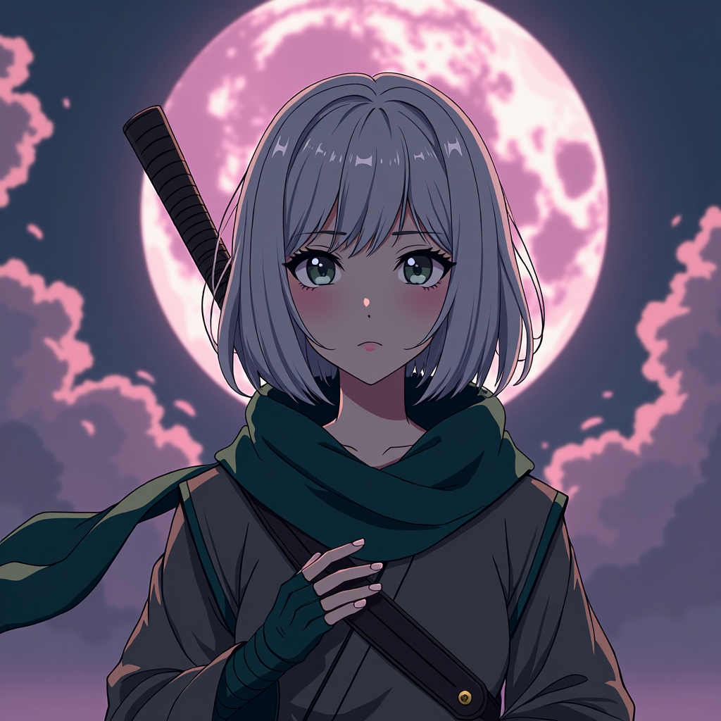 White haired anime girl with a stalf and a green scarf, dressed in a monk garb. She stands infront of a violet tinted moon with a cloudy backdrop.